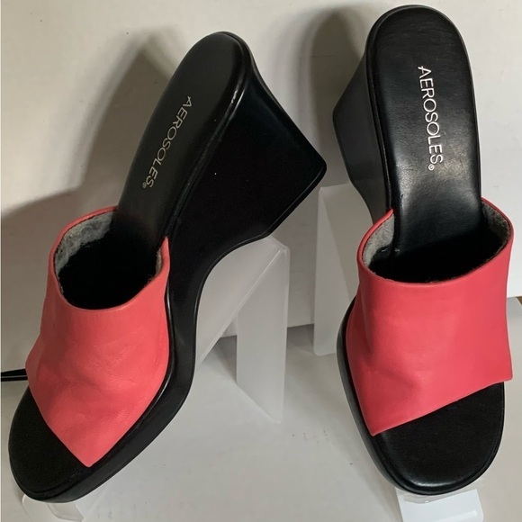 Aerosoles Wedge Sandals Summer Slides Clogs Salmon Pink Leather Heel 3 1/4” 8.5 - Picture 8 of 14